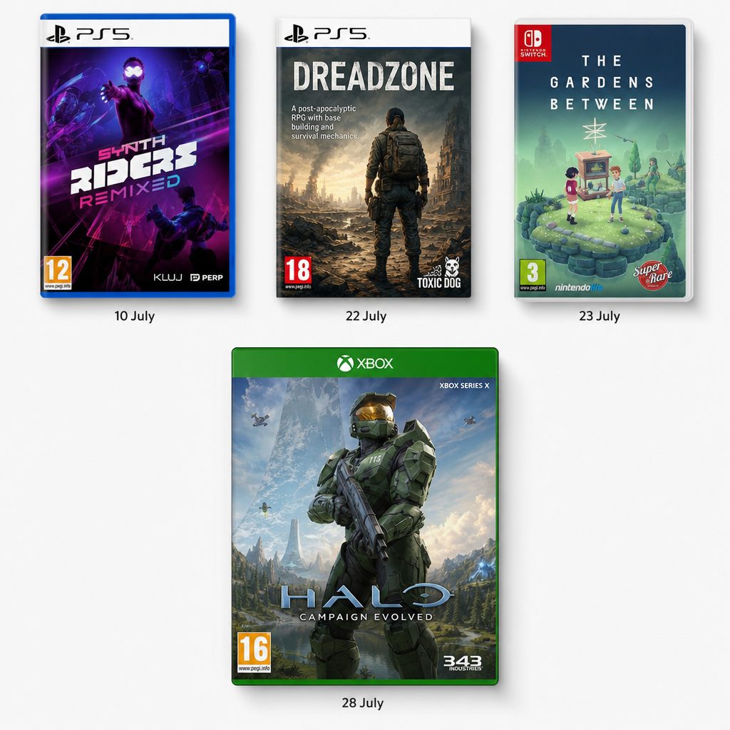 The confirmed July dates were spread through the month, with Halo: Campaign Evolved arriving on 28 July after the earlier rhythm, survival and cosy releases.