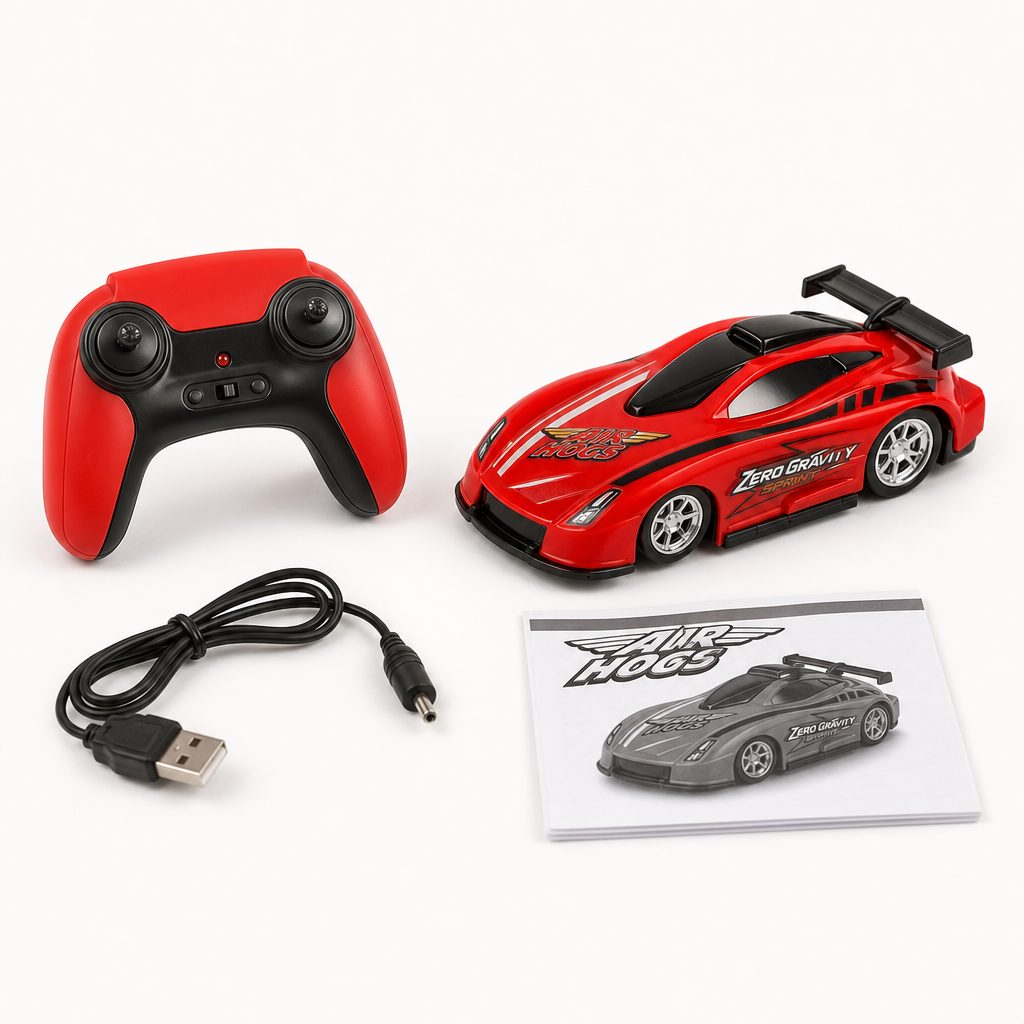 A complete Zero Gravity Sprint set included the wall racer, infrared controller, USB charging cable and instruction guide.