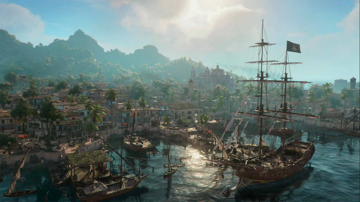 Gameplay image of Hands on photo of someone playing Assassin's Creed Black Flag Resynced on a console or PC showing the game running on screen in a real setting