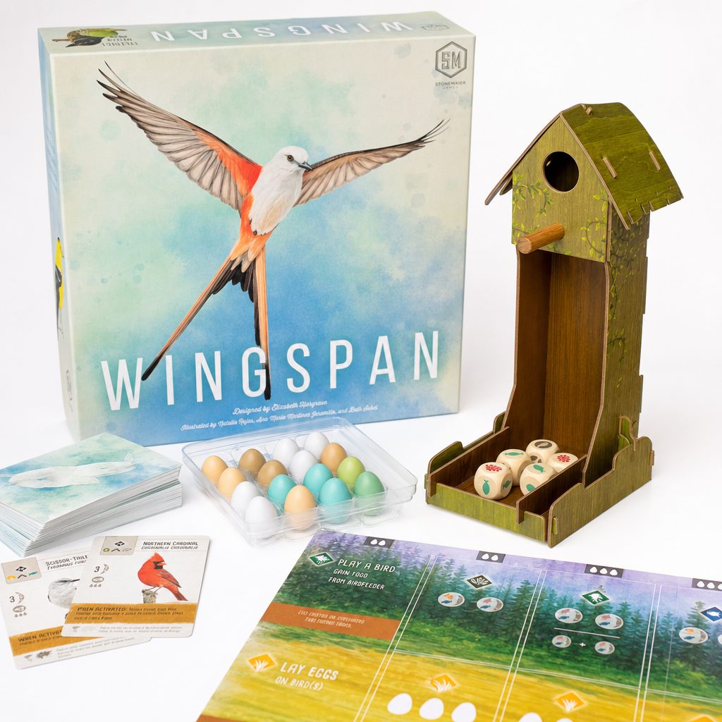 Wingspan's birdfeeder dice tower and egg tokens turn an engine-builder into something tactile enough to win over reluctant players.