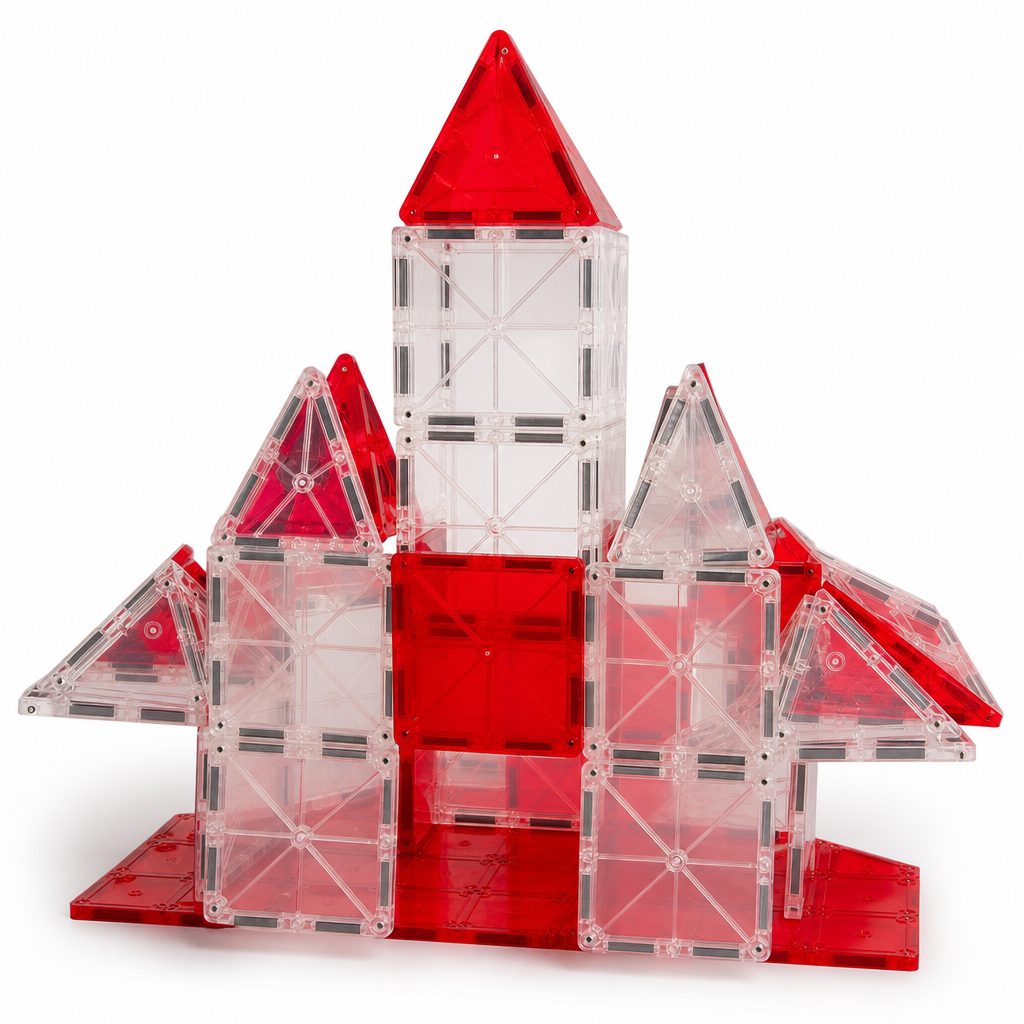 Magna-Tiles encourage children to think in walls, roofs and wide bases — a refreshingly different kind of construction problem from a small-brick model.