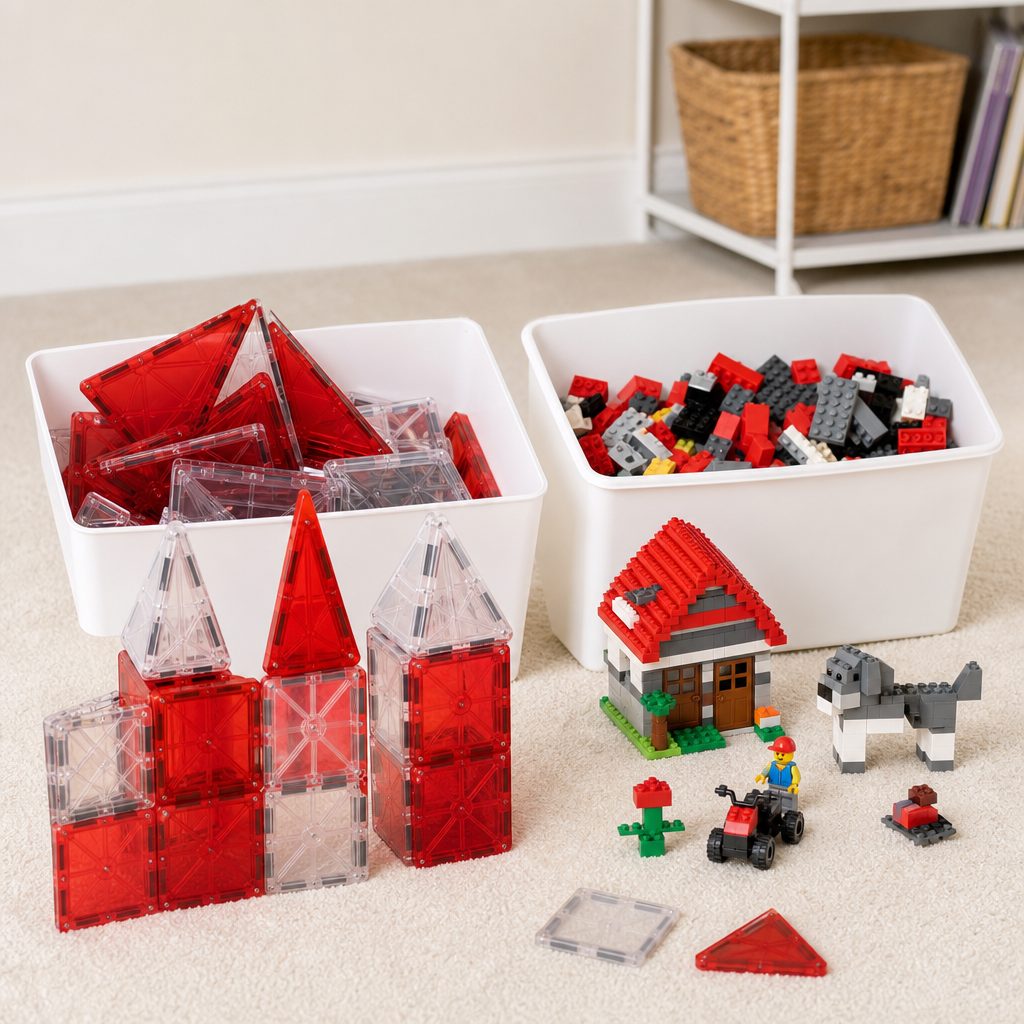 Separate storage keeps specialised pieces usable, whilst a shared play area lets magnetic tiles, blocks and brick-built characters become part of one big world.