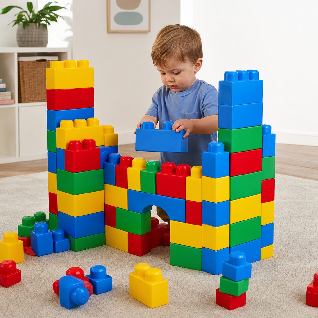 Soft foam construction changes the scale of play, allowing children to build forts and walls rather than only tabletop towers.