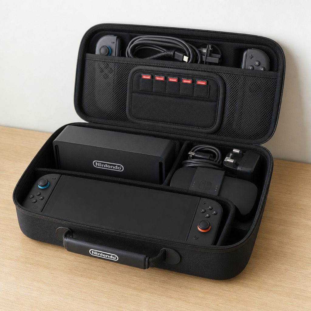 A proper Switch 2 travel setup starts with a fitted console compartment, then works outward to cards, cables, controllers and, if needed, the dock.