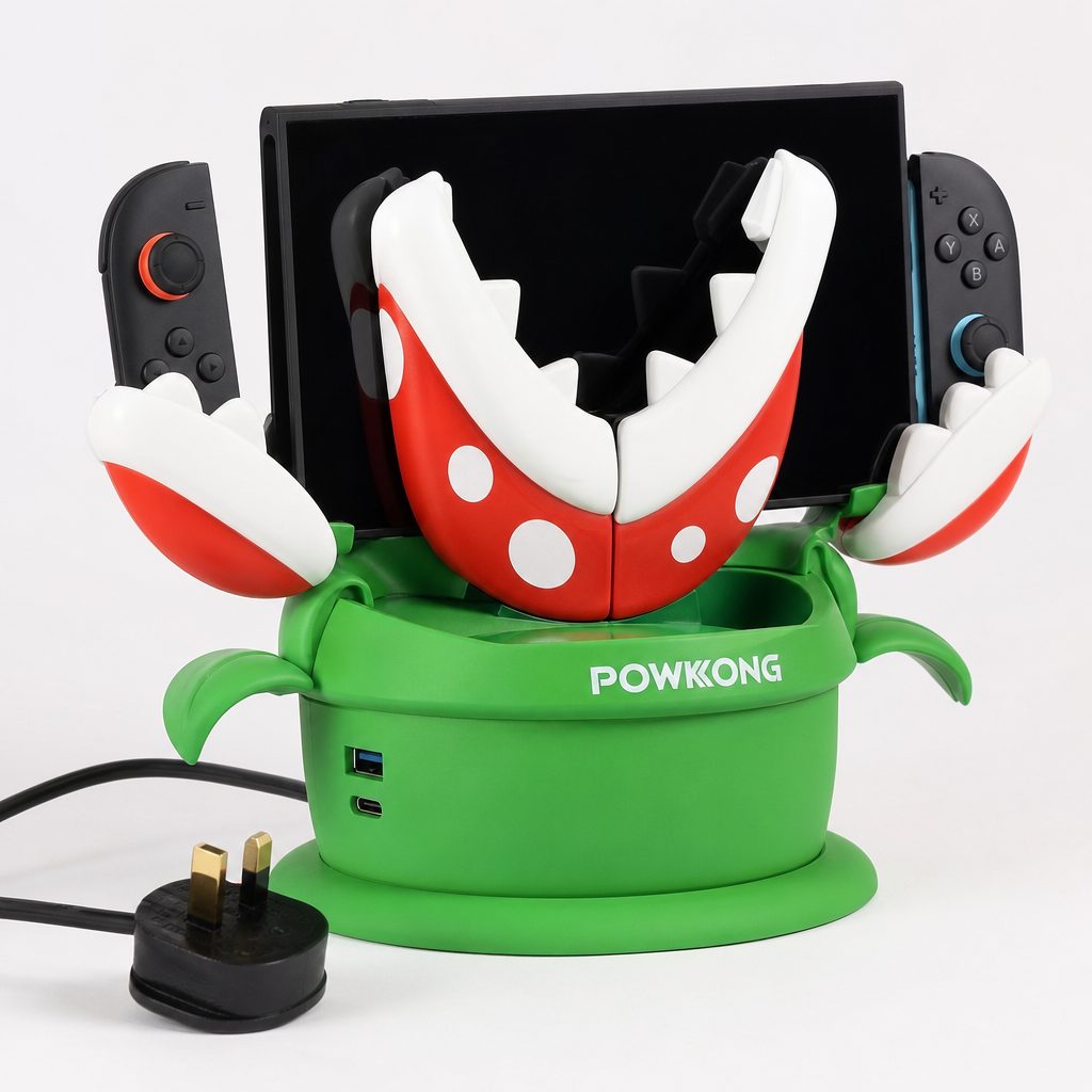 A desktop charging station earns its keep in a busy household by giving the console and extra Joy-Con 2 controllers a single obvious destination.