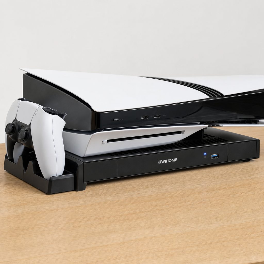 A horizontal station can raise the PS5 Pro and organise controllers, but make sure its vents remain aligned with the console rather than obstructing them.