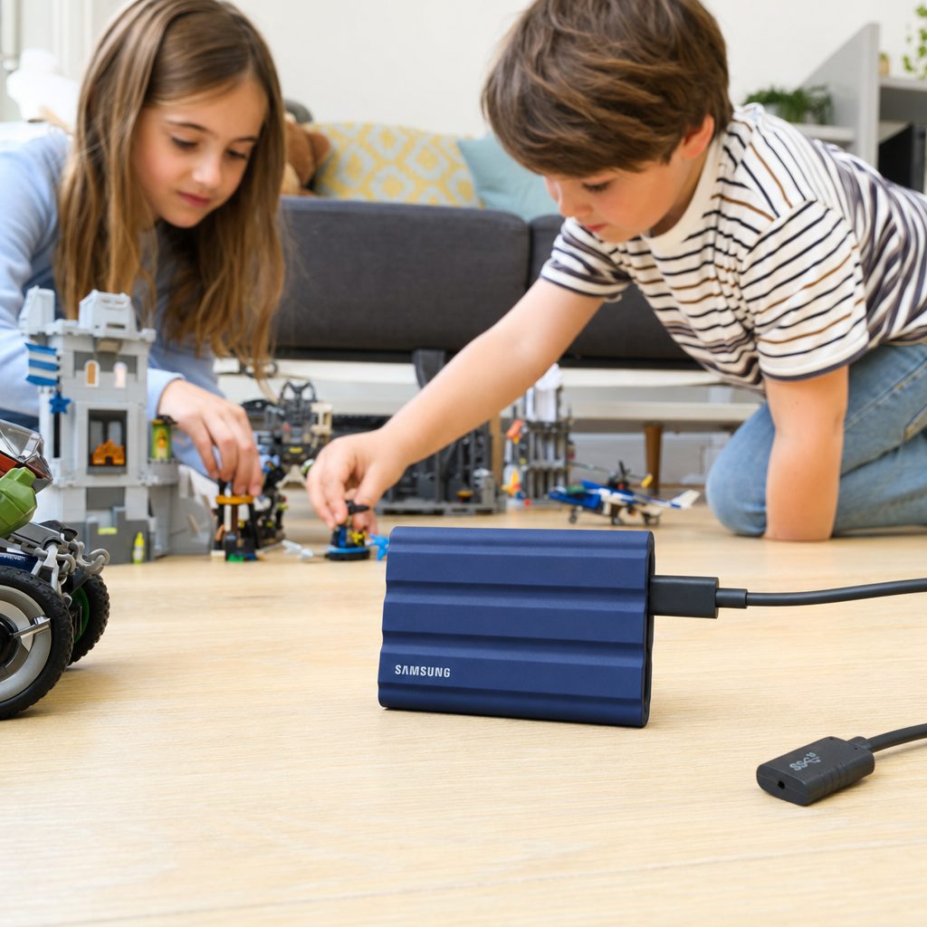 A rugged IP65-rated portable drive like the T7 Shield survives the knocks of family life far better than a bare enclosure.