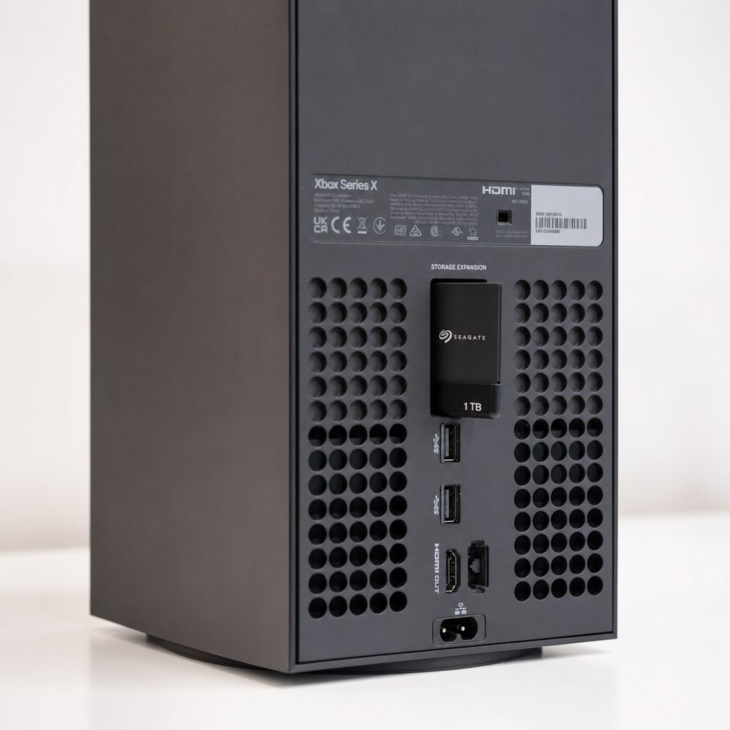 Xbox Storage Expansion Cards slot into the dedicated bay on the rear of the console and behave like internal storage.