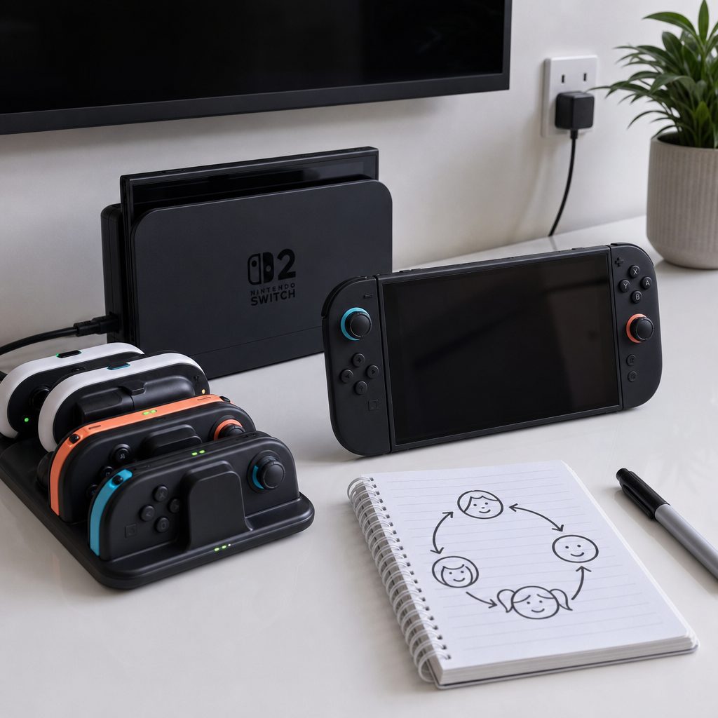 A charged-controller pile and a simple rotation plan are less glamorous than a new game, but they are what keep a family session moving.