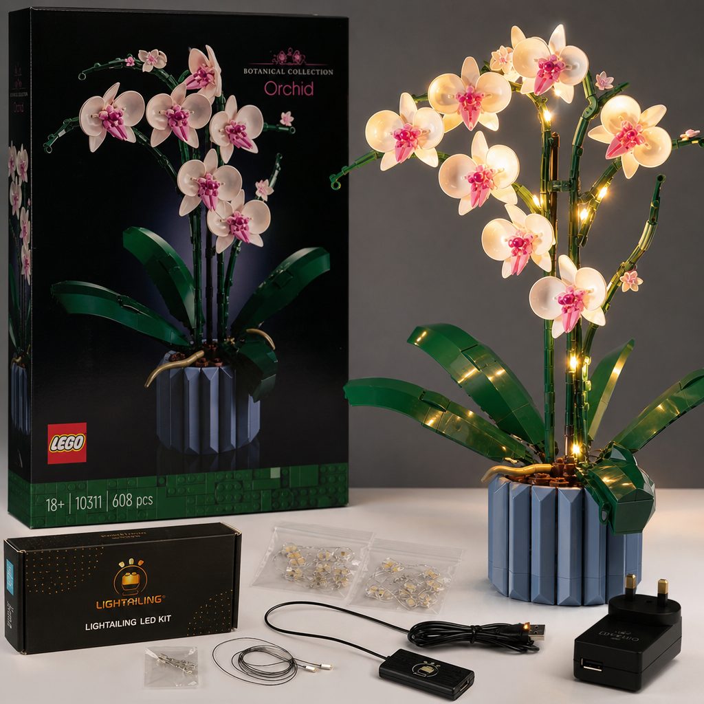 Lighting kits use very thin wires and small LEDs to give completed LEGO builds a warmer, more dramatic after-dark presence without changing the model's core design.