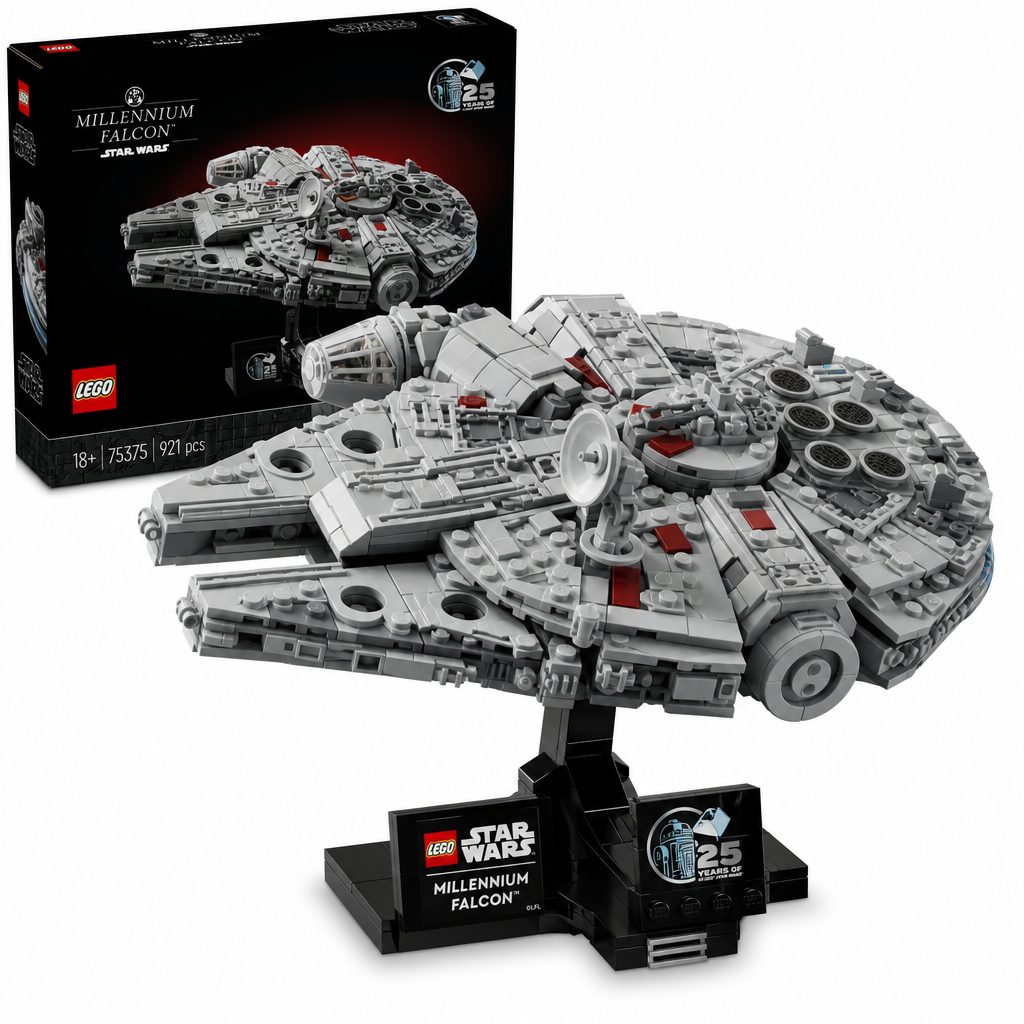 The LEGO Star Wars Millennium Falcon (75375) uses an angled stand, nameplate and anniversary brick to turn a recognisable spacecraft into a focused display piece.