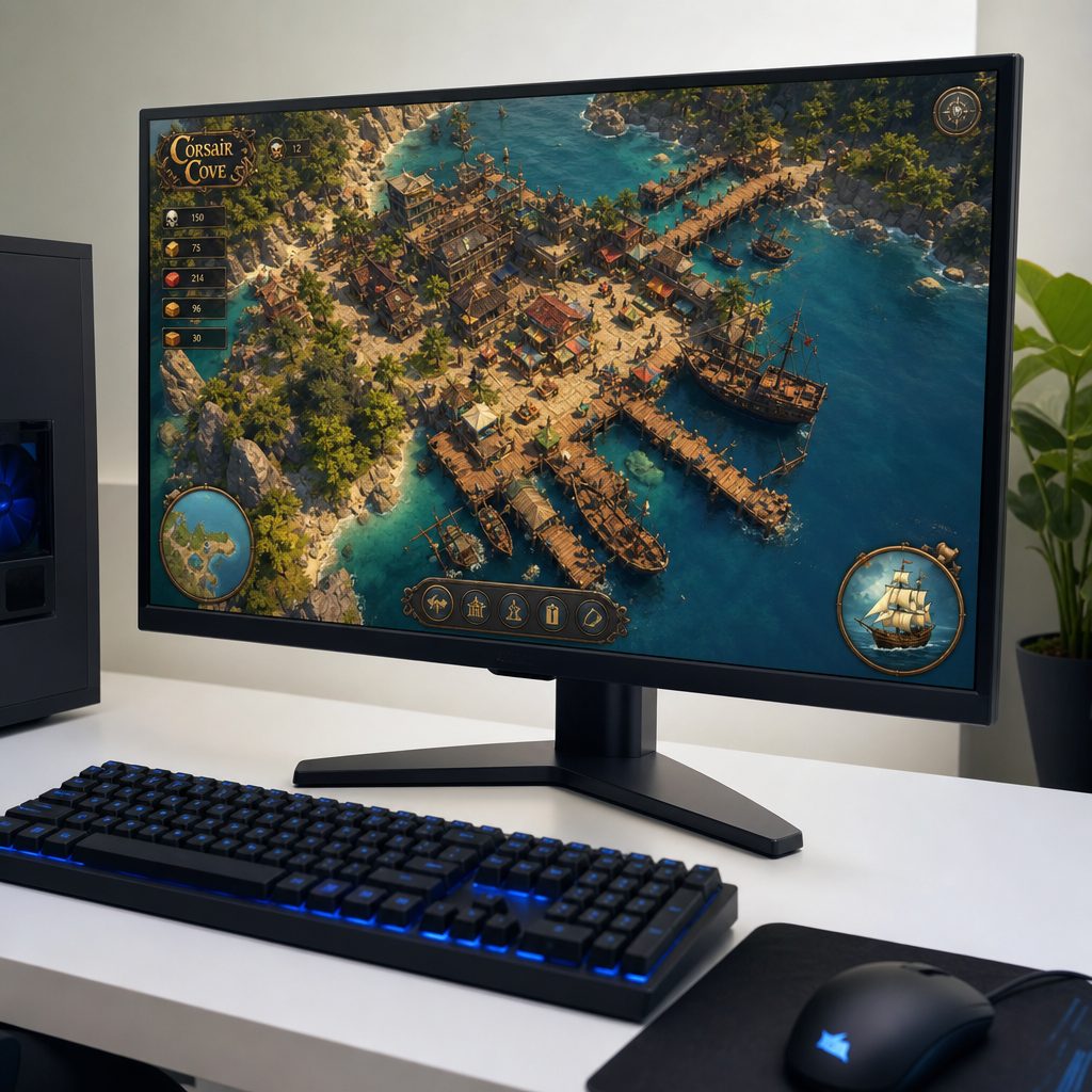 Corsair Cove takes the pirate fantasy ashore, turning the port itself into the challenge: food, materials and logistics matter as much as flags and cannons.