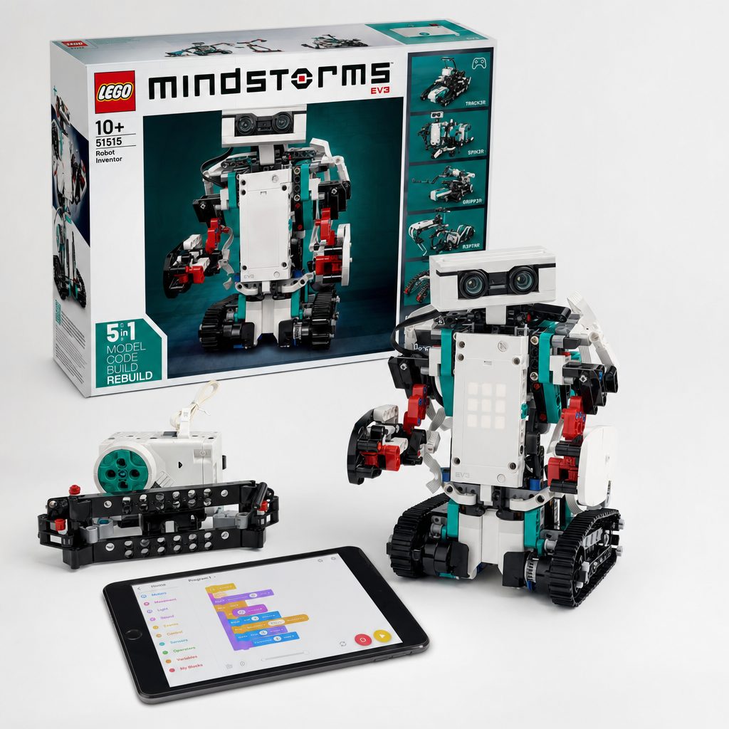 The Robot Inventor 51515 pairs 949 LEGO pieces with a programmable hub, motors and sensors — plus Scratch-based and Python coding through a free app.