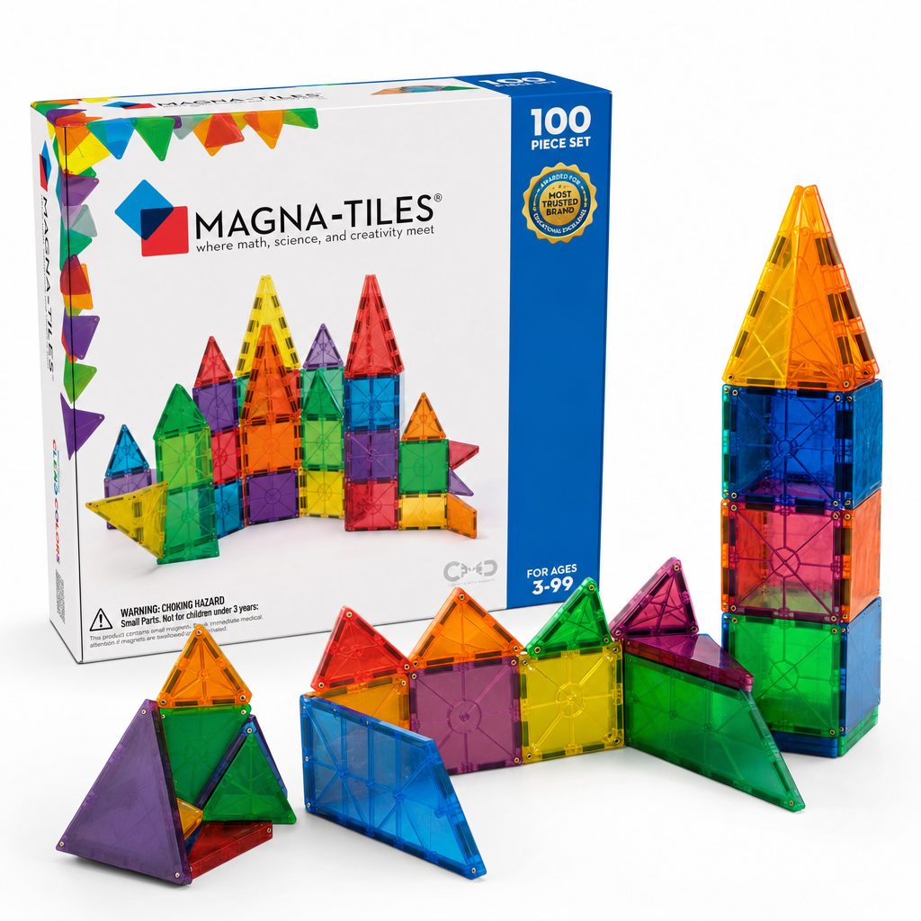 Translucent magnetic tiles teach spatial reasoning, geometry and structural engineering — all without a single instruction sheet or screen.