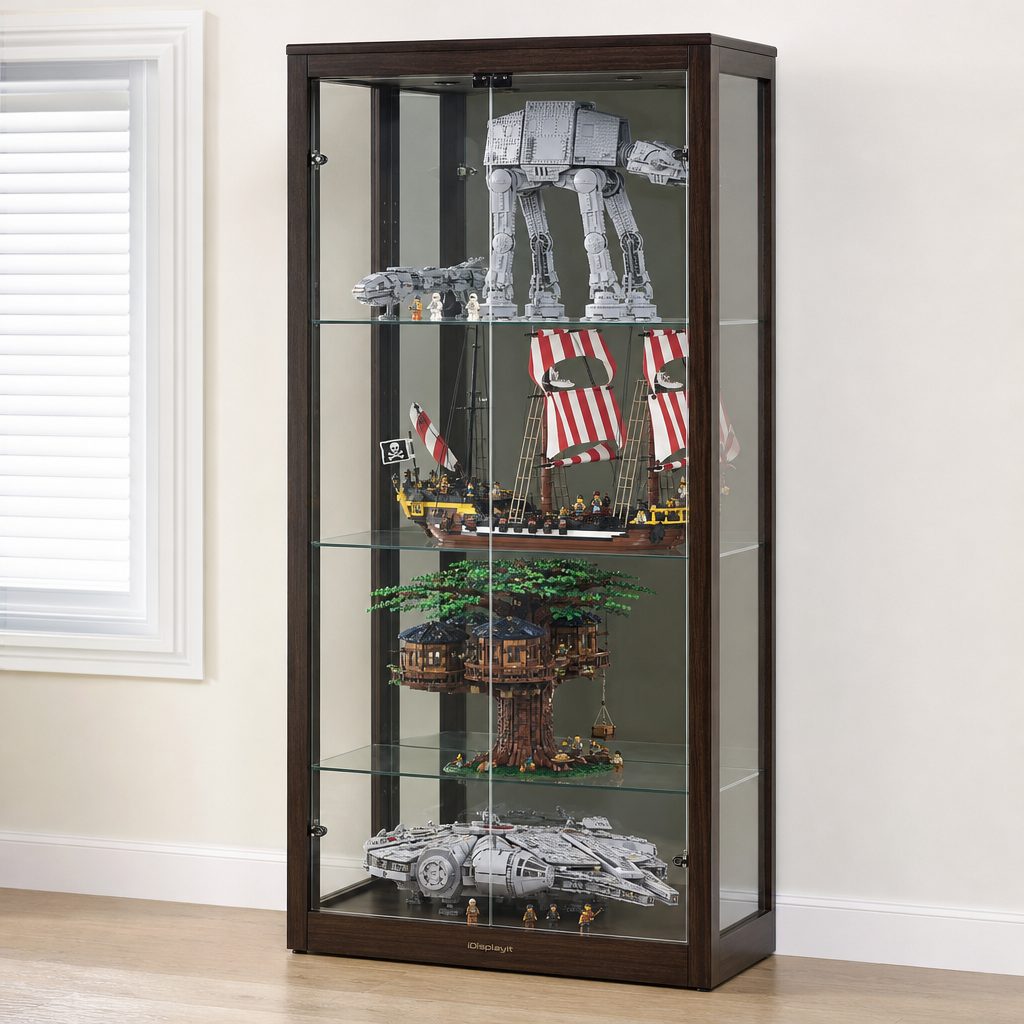 A clear case suits a mechanism-rich LEGO centrepiece because the model remains the focus whilst its delicate detail is easier to keep clean and undisturbed.