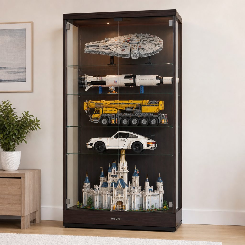 Large LEGO vehicles and mechanism-heavy display builds benefit from a dedicated zone, rather than being balanced between books, plants and whatever happened to be on sale at the homeware shop.