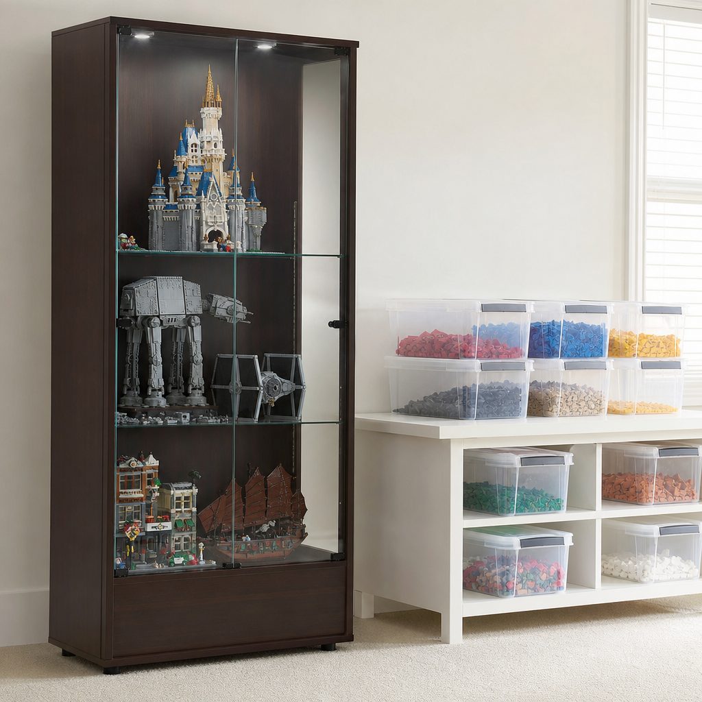 Transparent lidded boxes make a sensible backstage system for loose LEGO, spare elements and paused projects, leaving display shelves free for the finished builds.