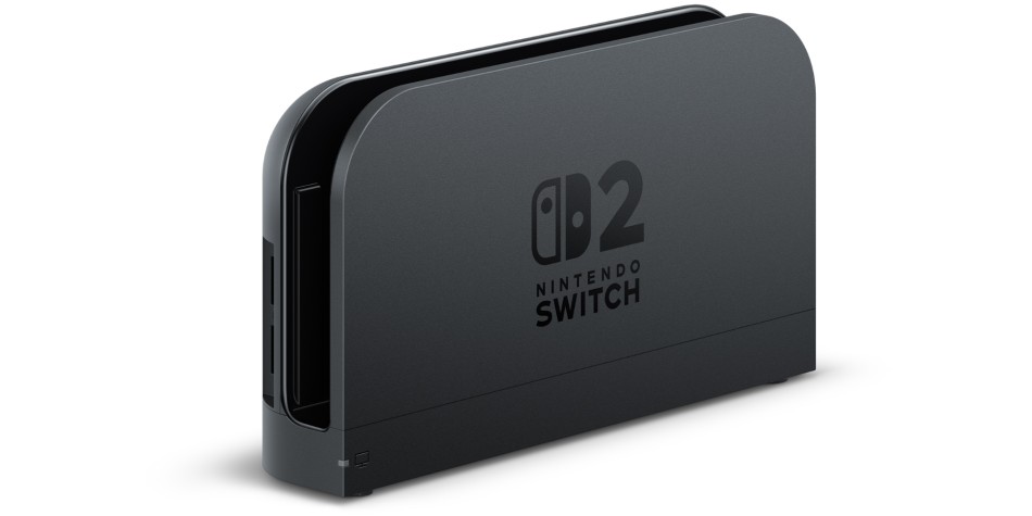 Dock image of Clean official or review photo of the Nintendo Switch 2 dock with the console inserted, showing the full unit