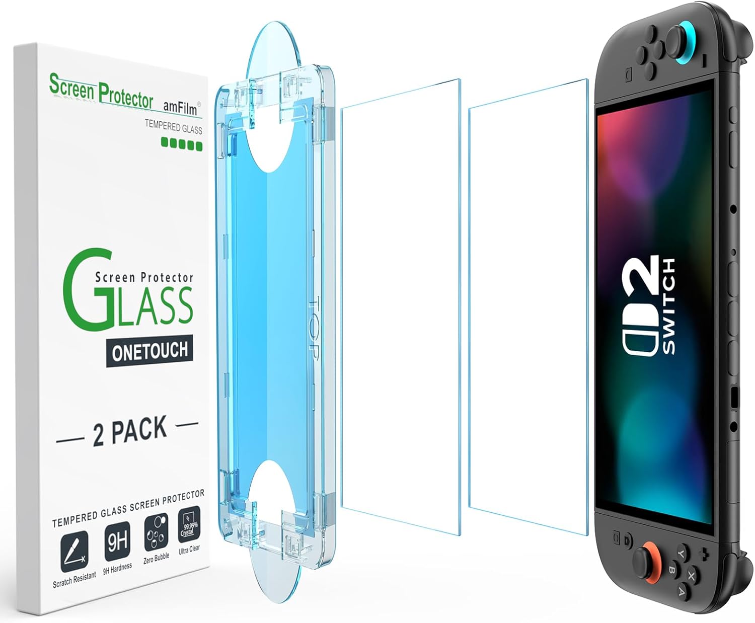 Screen Protector image of Hands applying or peeling a tempered glass screen protector onto a Nintendo Switch 2 console screen