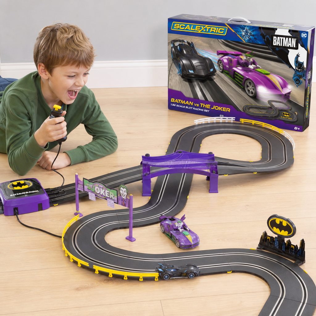 A character-led set can turn a straightforward race into a story: Batman and Joker are not merely driving laps, at least not according to the child in charge of the sound effects.