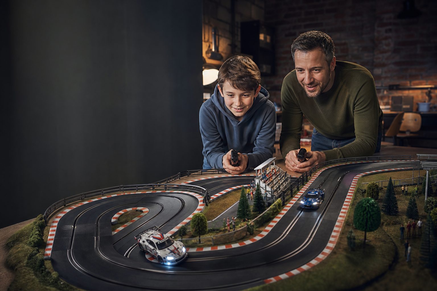A two-lane slot-car layout is at its best when both drivers can see the corners clearly, reach their controllers comfortably and have room for the inevitable mid-race marshal.