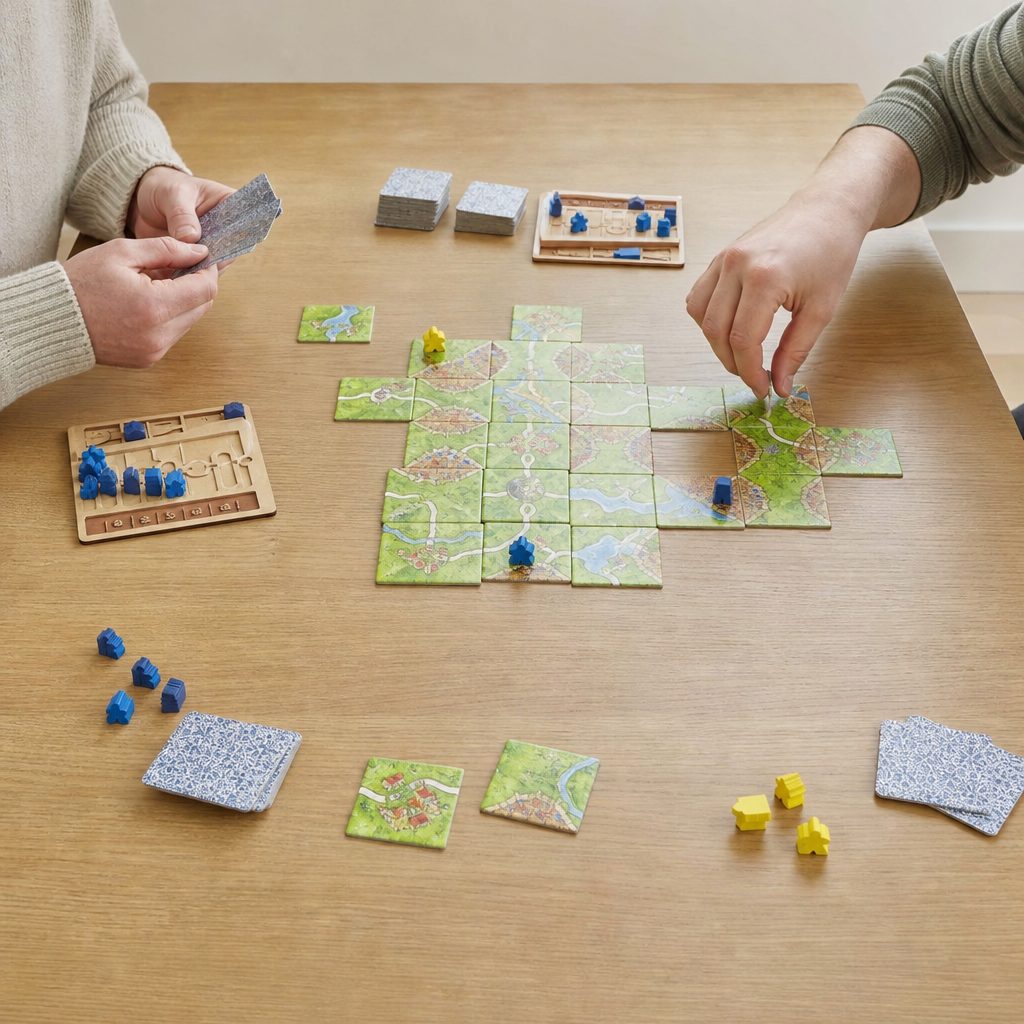 A two-player table does not need to be enormous, but clear space and decent lighting make card drafting, tile placement and shared problem-solving far more pleasant.