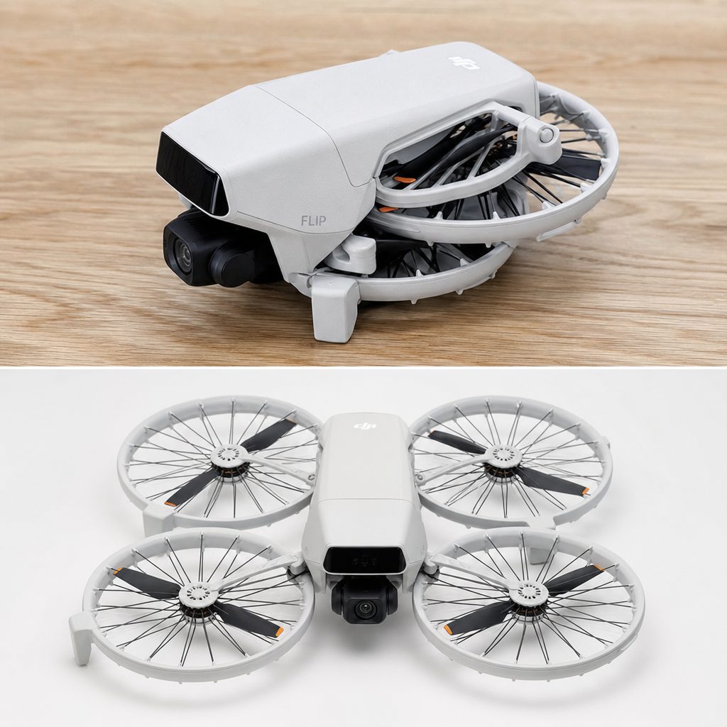 Folded for travel, DJI Flip is compact enough for a family day out; unfolded, its full perimeter guards remain around each propeller.