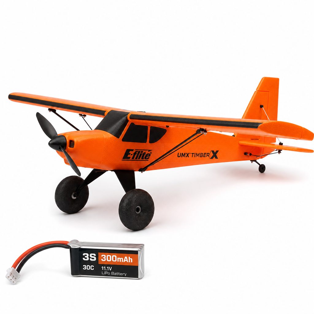 A 3S 280–350mAh LiPo powers the UMX Timber X, with 300mAh packs preferred when the priority is aggressive 3D performance.
