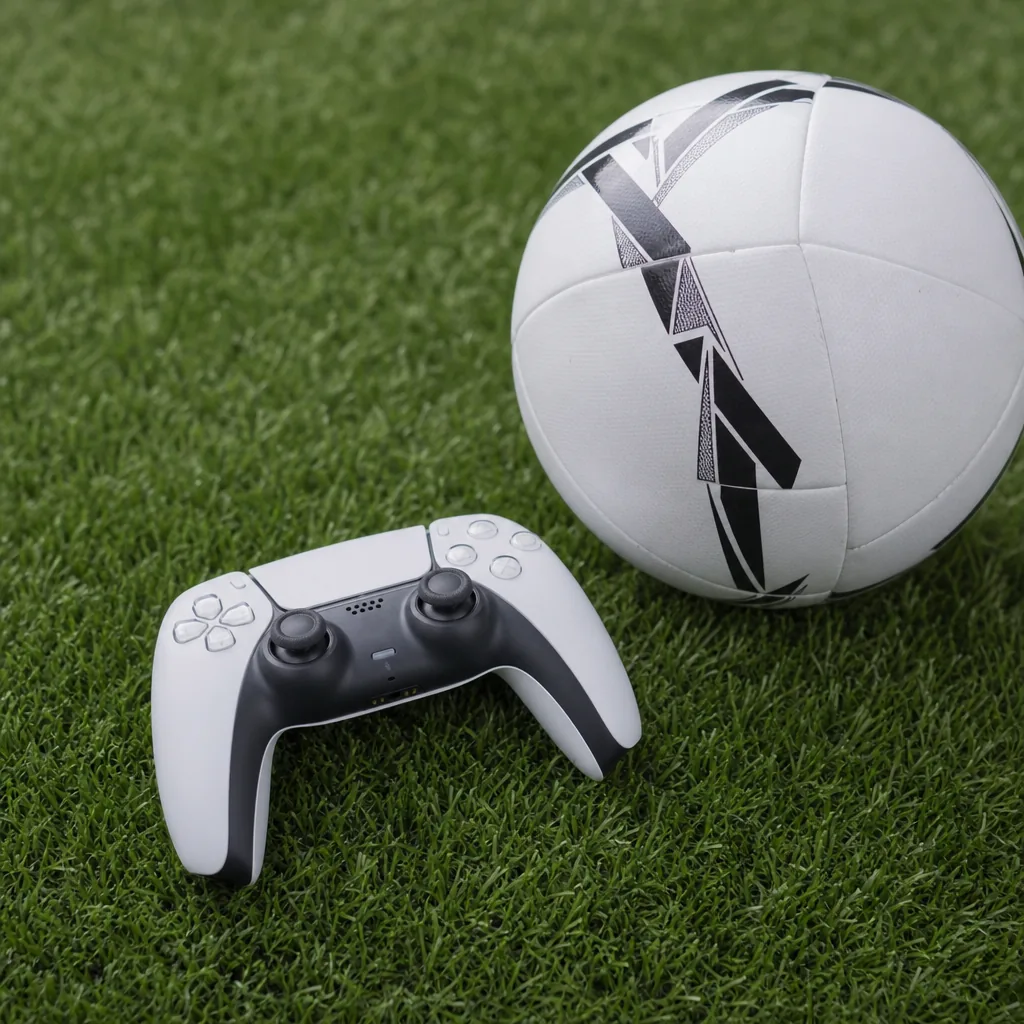 A games controller and football on artificial turf