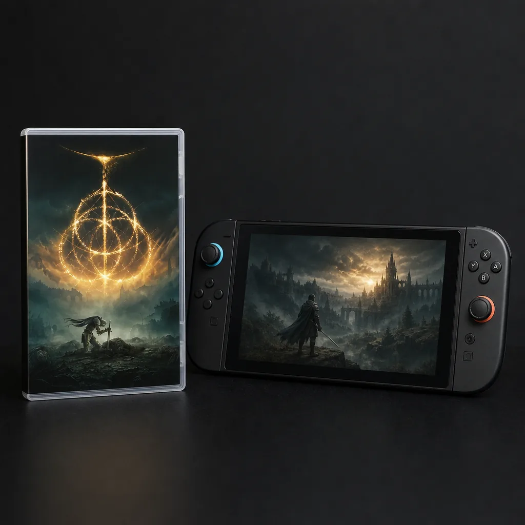 Nintendo Switch 2 console in handheld mode on a dark stone surface