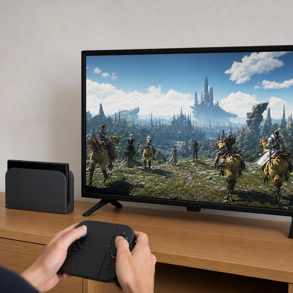 Nintendo Switch 2 handheld console on a desk with a glowing fantasy game on screen