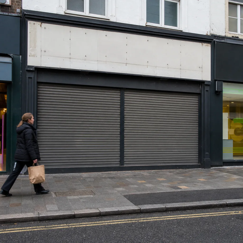 Empty shop floor with bare shelves and scattered price labels on the ground