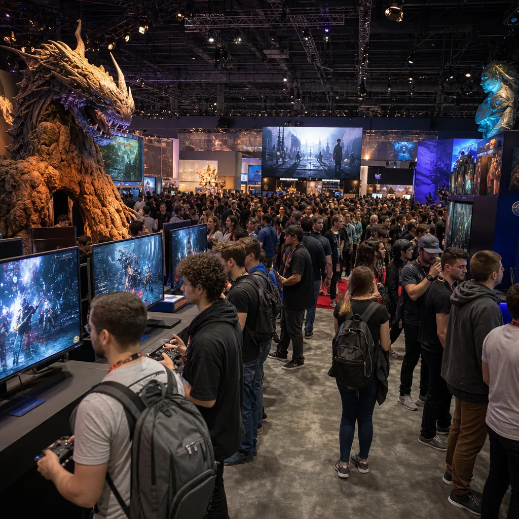 A packed gaming convention exhibition hall with large branded booths and crowds of visitors