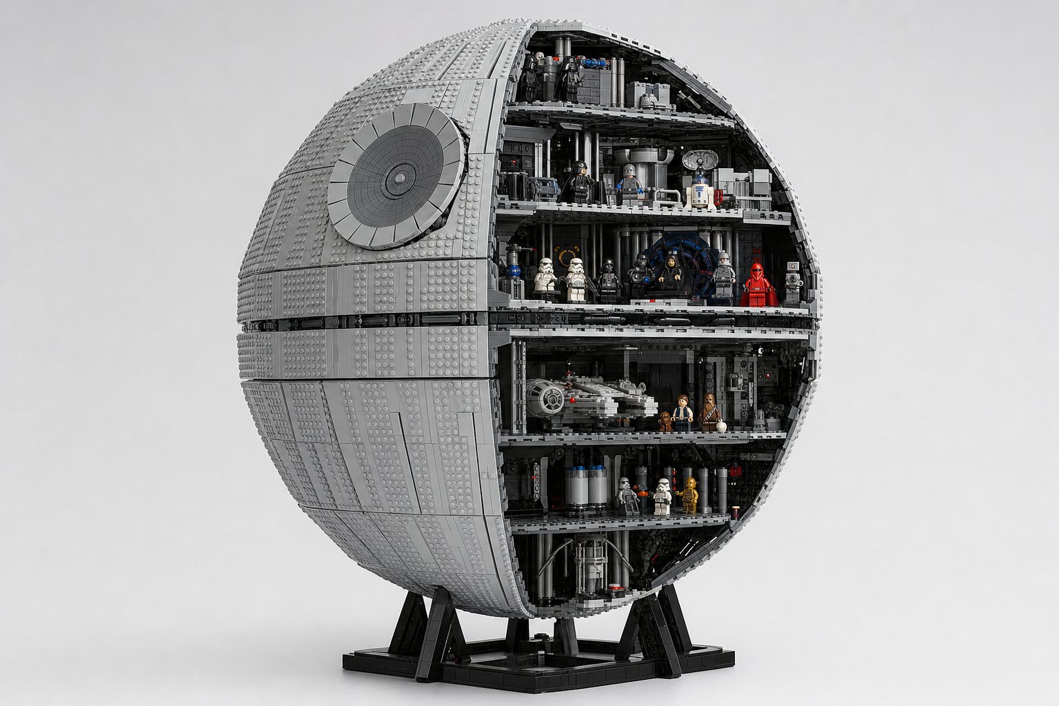LEGO Star Wars UCS Death Star 75419 display model showing the sphere and detailed interior rooms