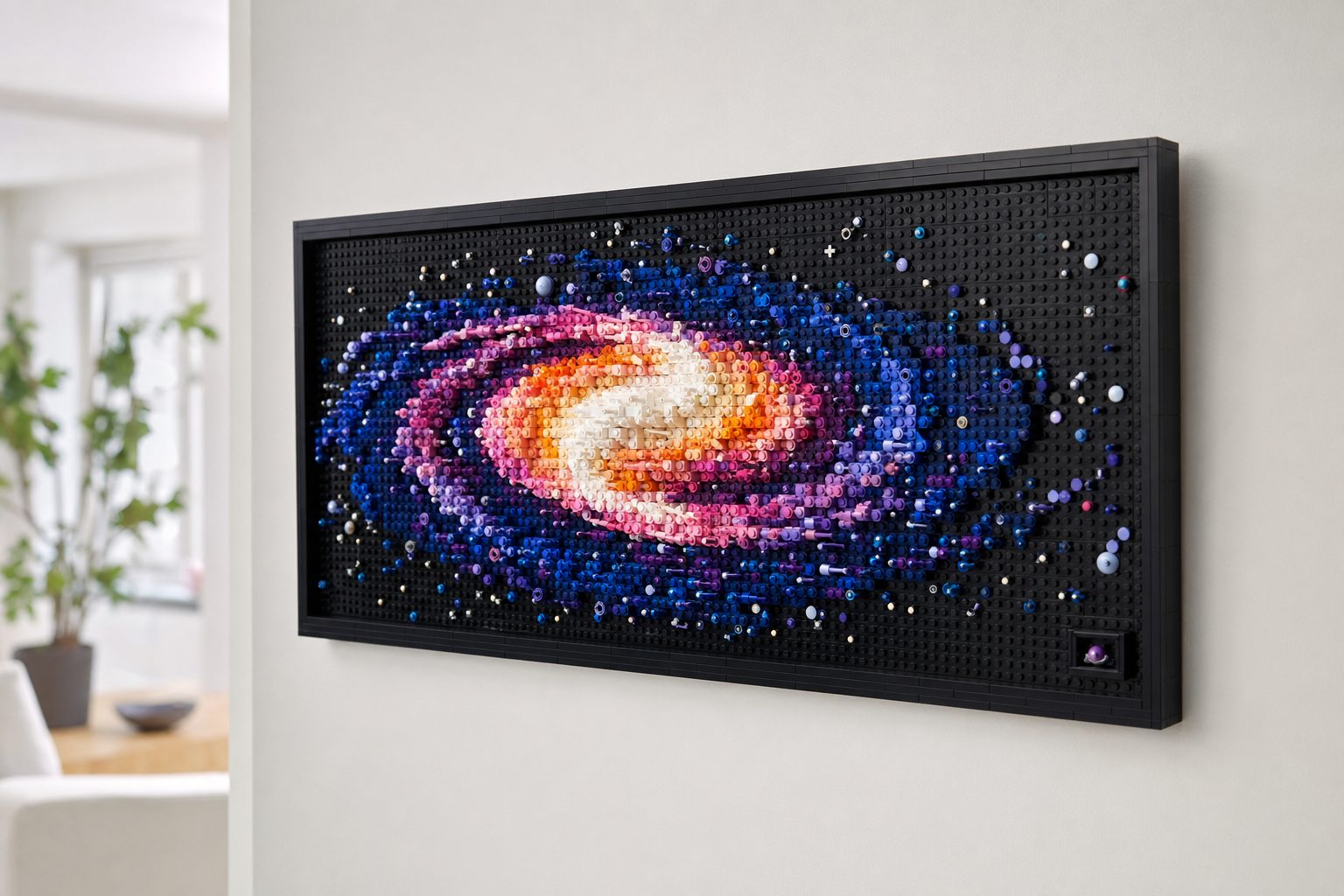 LEGO Art The Milky Way Galaxy 31212 hanging on a wall, showing swirling 3D spiral arms in blues and oranges