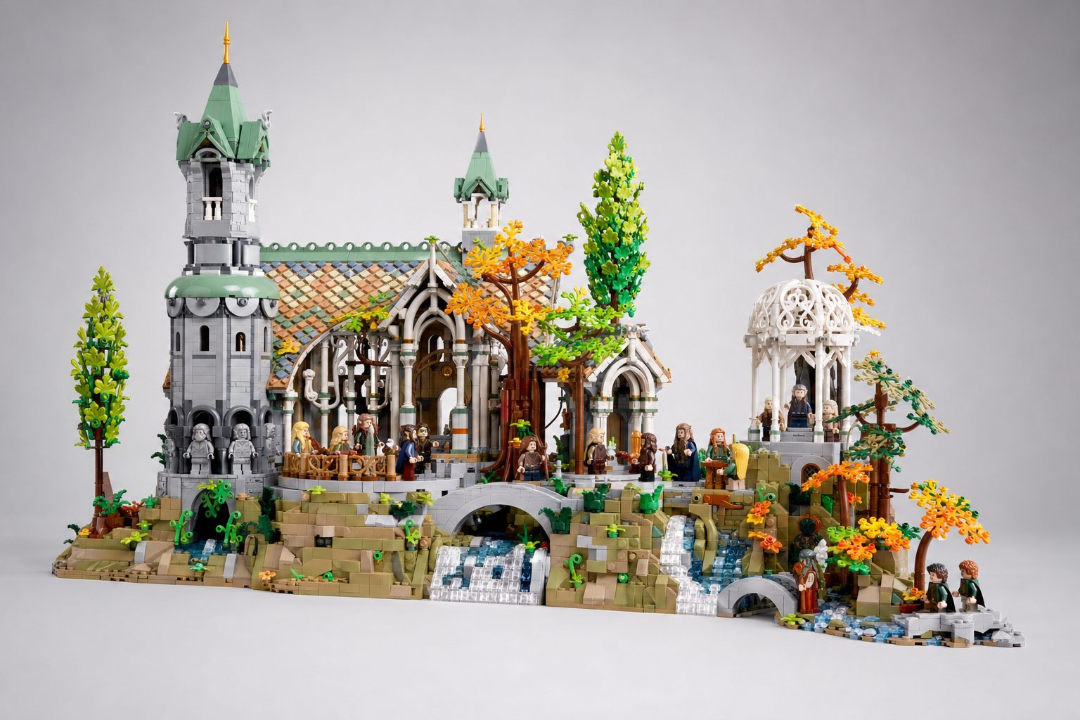 LEGO Icons Rivendell set 10316 built and displayed, showing elven architecture, waterfall and autumn trees