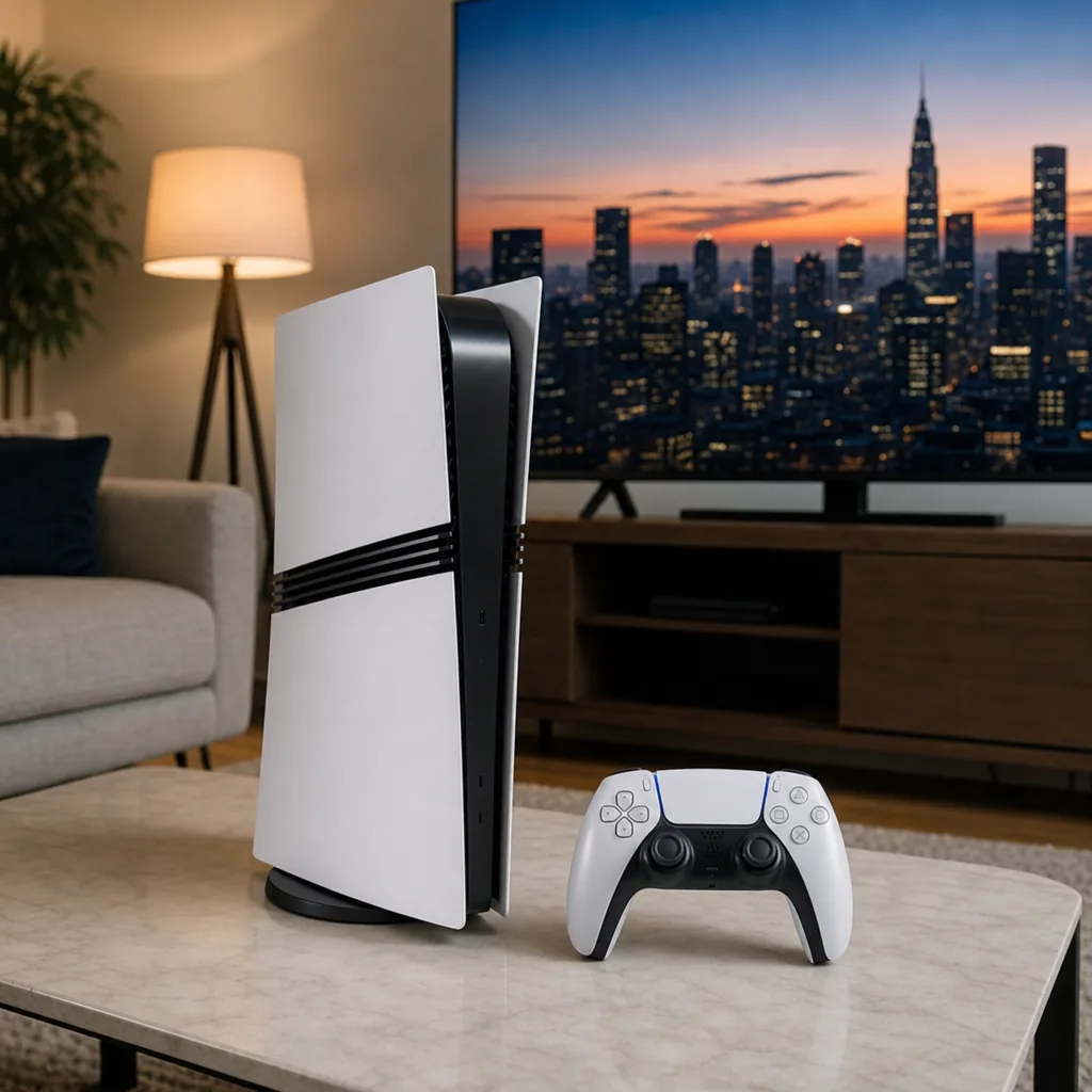 PlayStation 5 console and controller beside a physical game box on a wooden desk
