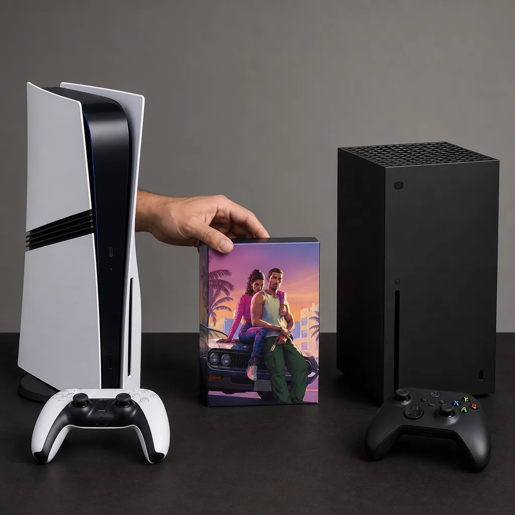 A PlayStation 5 console with a controller and a game box on a living room shelf