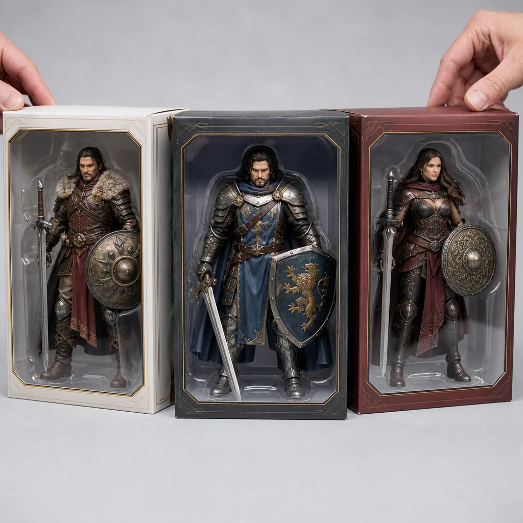 Boxed fantasy adventure action figures on a toy shop shelf