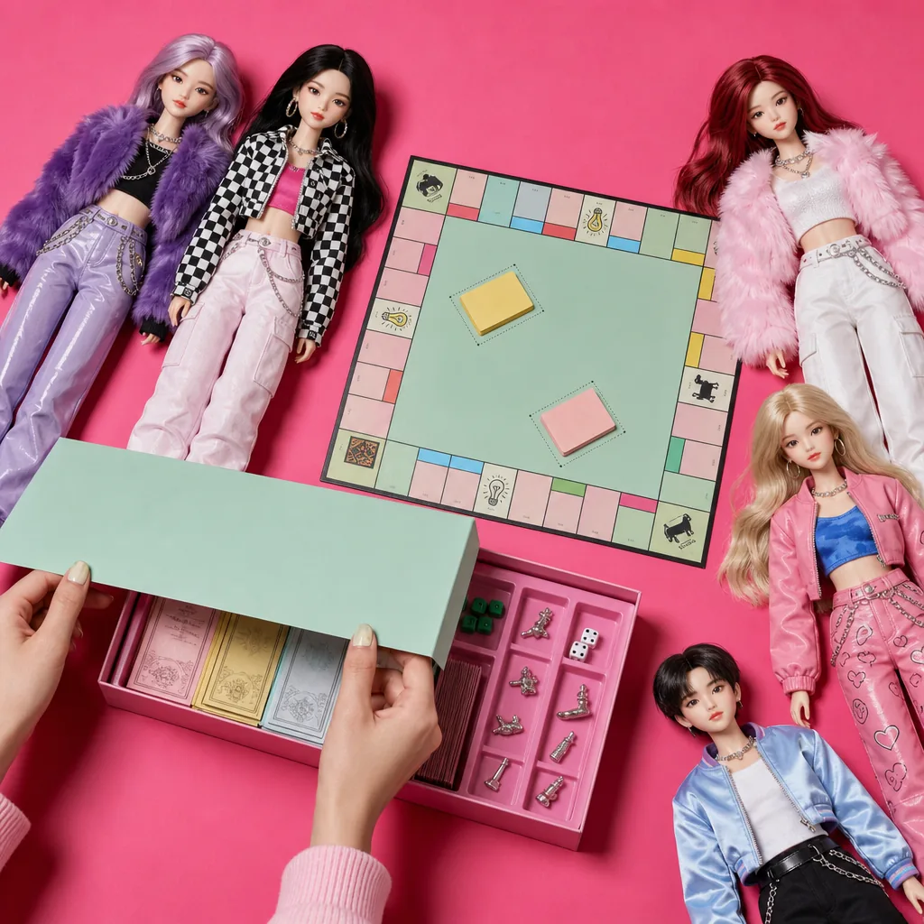 KPop Demon Hunters fashion dolls, foam swords and light sticks arranged on a retail shelf