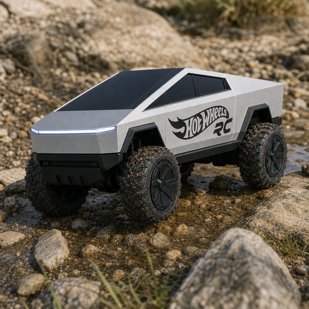 The 1:10 retail Cybertruck combined all-wheel drive, proportional steering and two drive modes, making it much more capable outdoors than its angular body suggested.