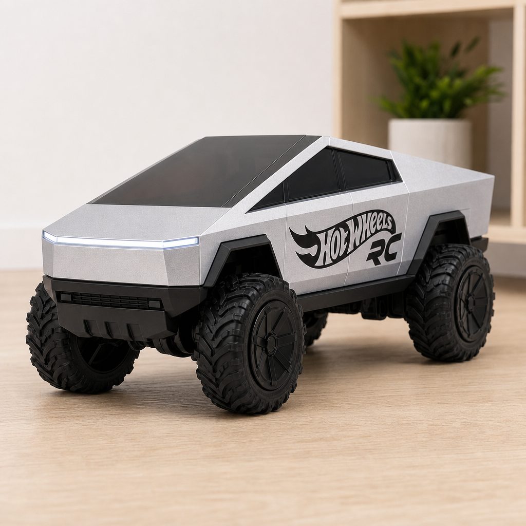 The big distinction is scale: the 1:10 Cybertruck was a substantial outdoor RC vehicle, whilst the 1:64 version was built around tabletop and orange-track play.