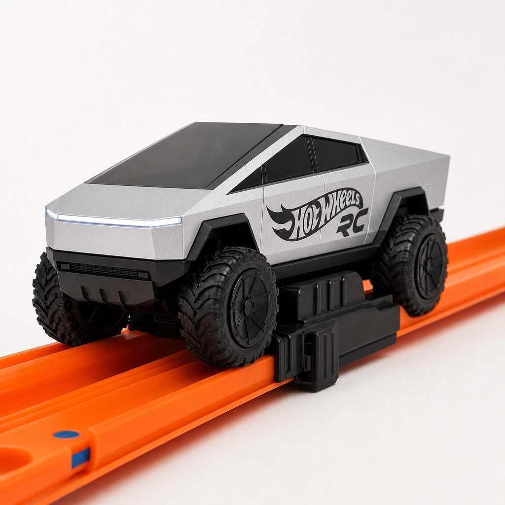 The small RC Cybertruck's track adapter was the detail that transformed it from a novelty desk car into a proper part of a Hot Wheels layout.