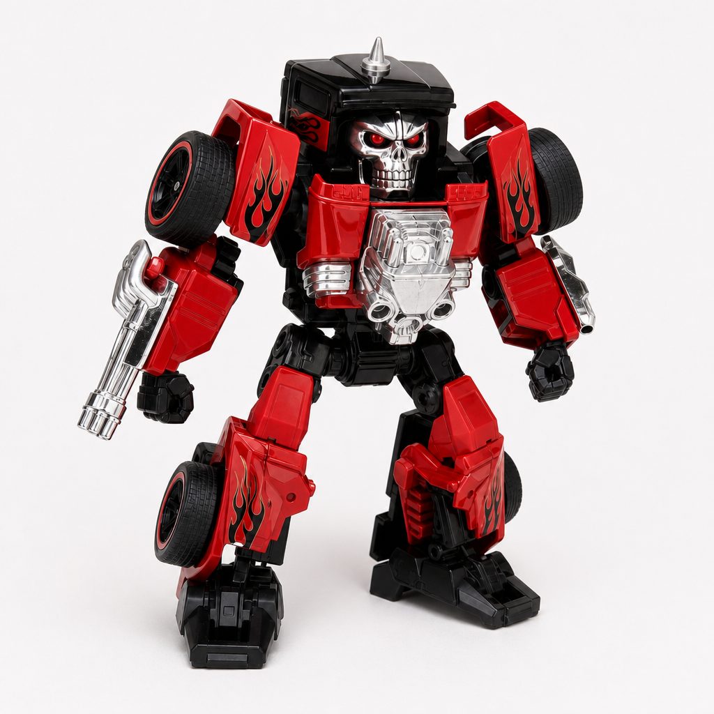 Bone Shaker is the line's most instantly readable design: the skull grille and flame-led hot-rod attitude do most of the selling before robot mode even enters the conversation.