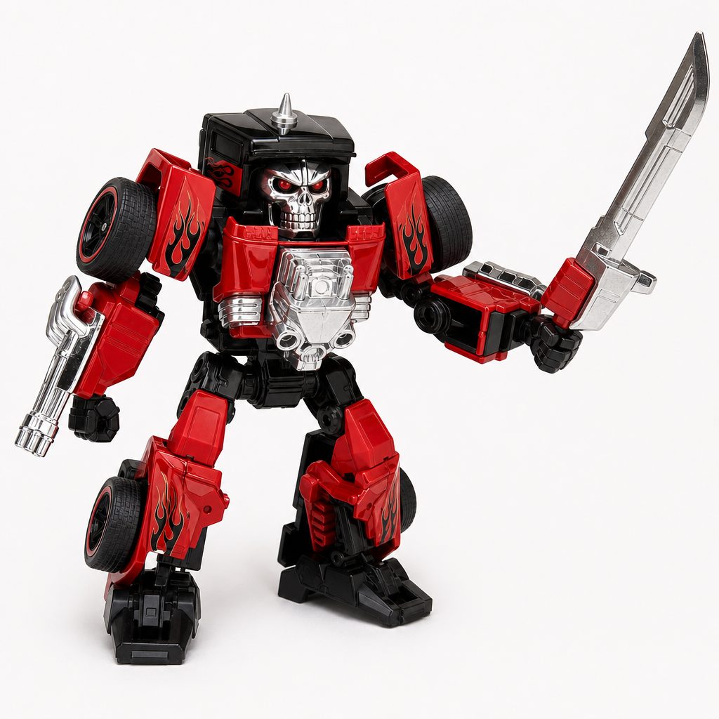 GT-Scorcher's rear spoiler does double duty as a broadsword, making it the most openly combat-focused figure in the crossover collection.