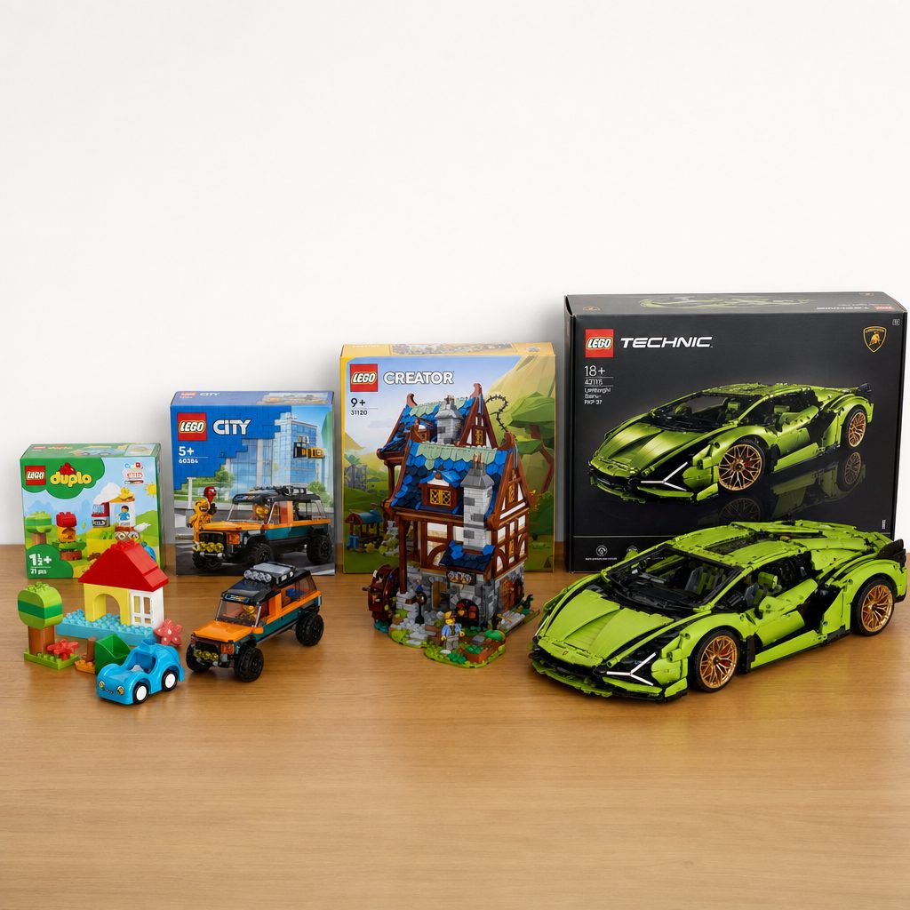 From chunky DUPLO bricks for toddlers up to intricate expert display models, LEGO's age tiers describe a genuine progression in complexity and piece size.