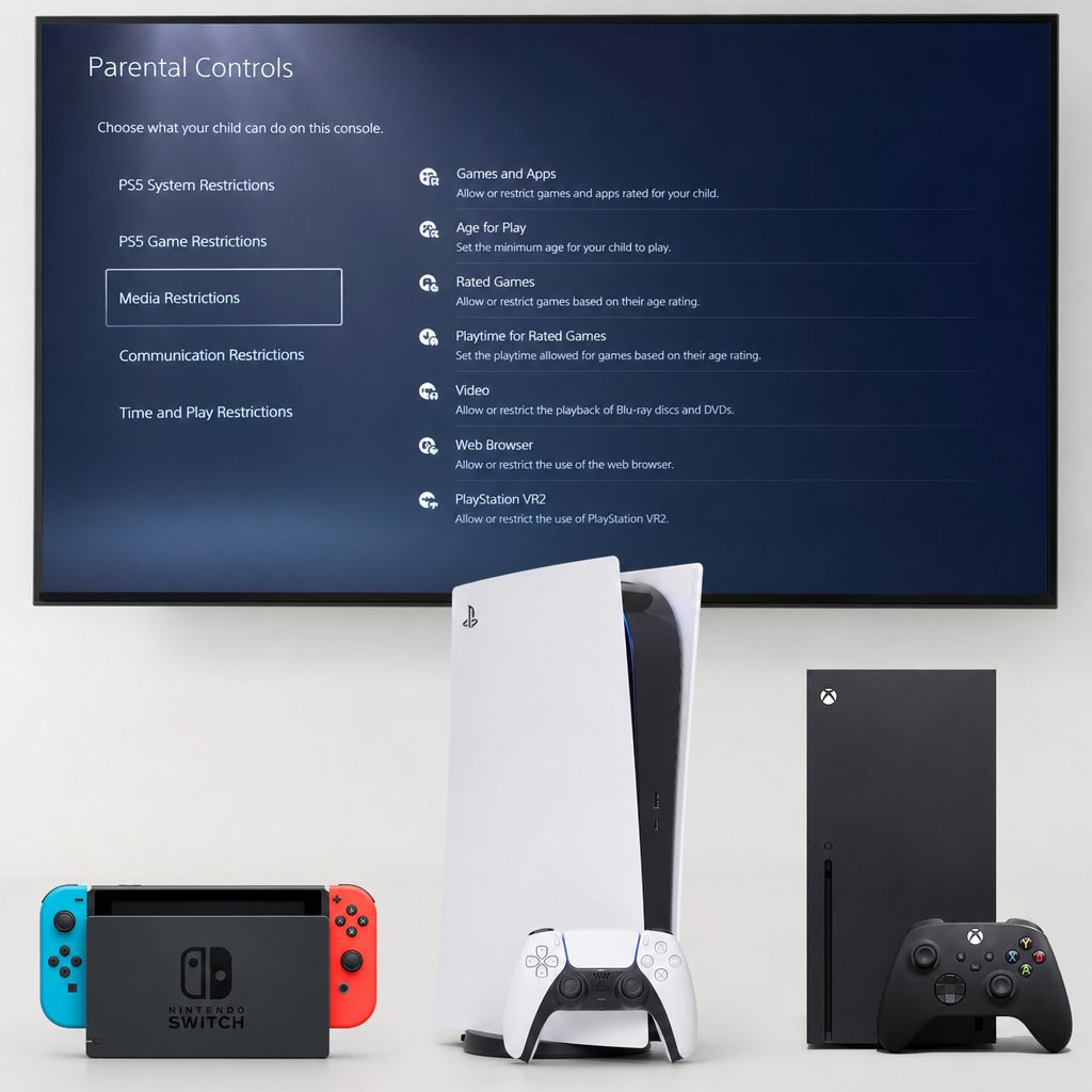 On PS5, content settings should cover more than games: check online material, physical video discs, browsing and communication as part of one family plan.