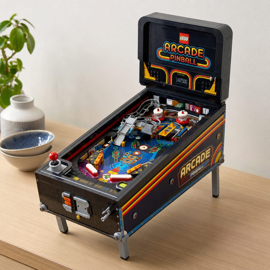 Flippers, a spring launcher, spinning bumpers and a ramp bridge — the Arcade Pinball Machine delivers a real, replayable game, not just another shelf ornament.