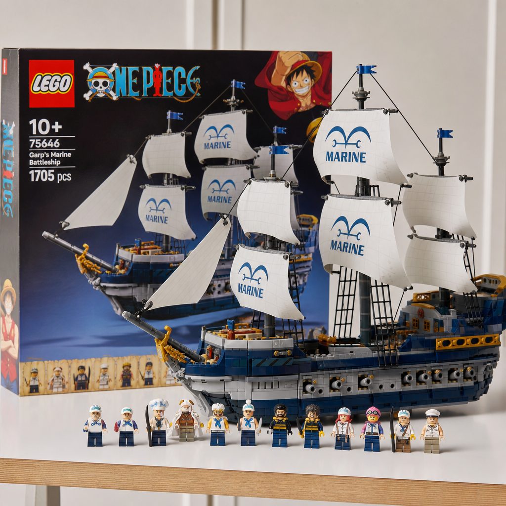 As a display model, the battleship's most persuasive angle is the broadside view: it shows the layered hull, tall sails and military character while retaining convincing minifigure proportions.
