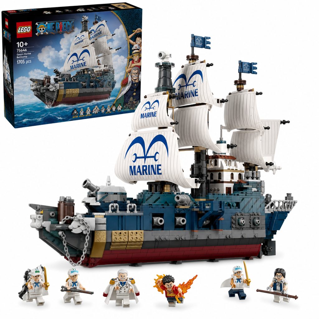 The final model earns its shelf space through silhouette alone: Garp's Marine Battleship looks substantial, playful and unmistakably One Piece without losing its usefulness as a hands-on LEGO set.